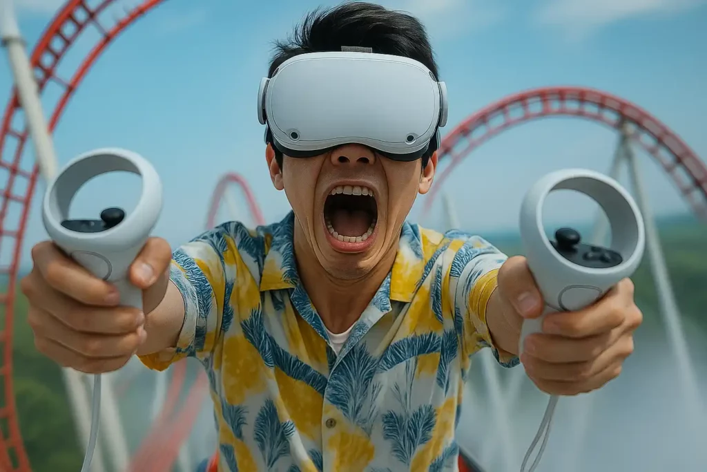 Personne surpris avec un casque VR plongée dans un manège à sensations fortes