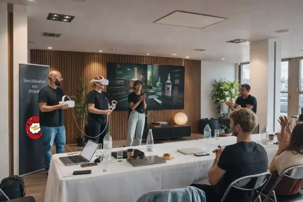 Salariés qui utilisent la VR pour une formation de sensibilisation, face à leurs collègues observateurs