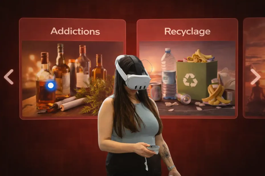 Personne avec un casque de réalité virtuelle qui sélectionne différentes expériences immersives pour la RH