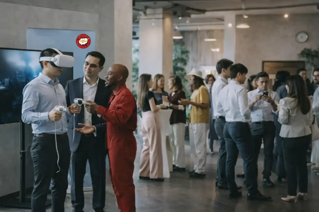 Stand de réalité virtuelle lors d’un événement professionnel avec échanges entre participants pendant un cocktail dînatoire