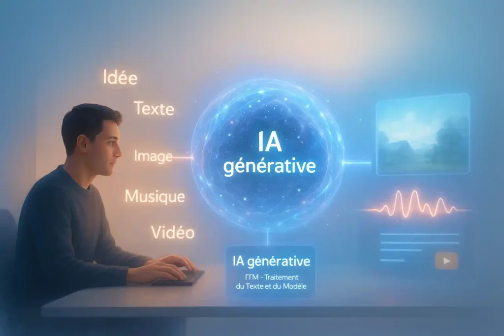 Exemple de génération de décors et de ressources 3D par intelligence artificielle générative dans un monde virtuel immersif.