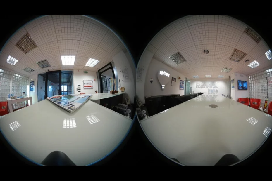 Gros plan sur deux lentilles de casque de réalité virtuelle illustrant le port d'un casque VR avec une vidéo 360.