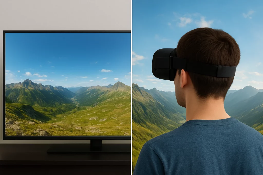 Utilisateur portant un casque VR devant une télévision affichant le même panorama 360VR.