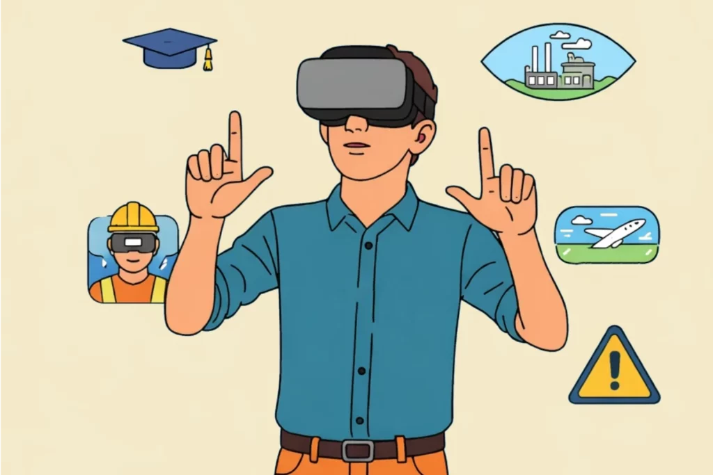 Schéma illustrant les domaines d’expertise d’une agence de réalité virtuelle comme la formation, la découverte métier, la sécurité, le voyage et la visite virtuelle