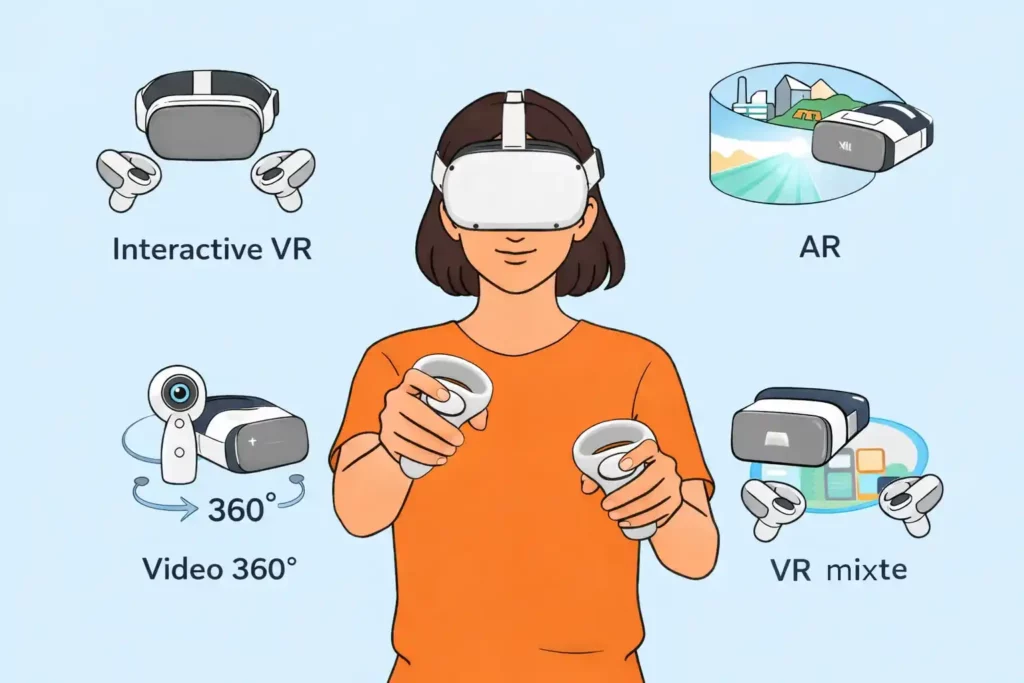 Schéma d’une personne avec un casque VR illustrant les différentes expertises d’une agence de réalité virtuelle en réalité virtuelle, réalité augmentée, réalité virtuelle mixte et vidéo 360