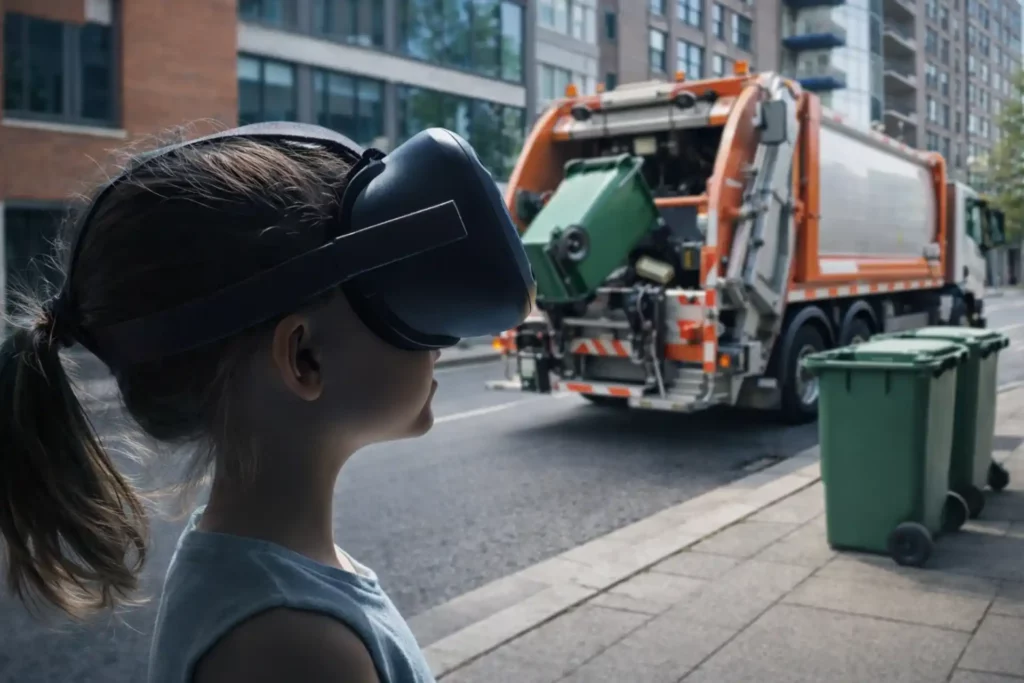 Personne utilisant un casque VR devant une benne à ordures illustrant l’utilisation, la maintenance et les mises à jour d’une expérience créée par une agence de réalité virtuell